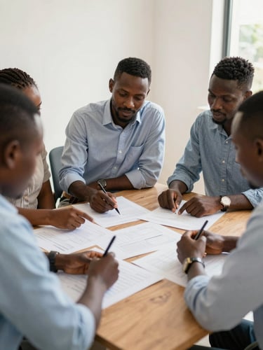A collaborative mentoring session in Conakry, Guinean researchers and international partners reviewing project blueprints around a wooden table, soft natural daylight, editorial documentary style.