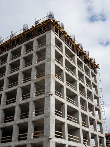 Wide environmental shot from ground level looking up at a large reinforced concrete commercial building mid-construction, steel rebar exposed at upper floors, overcast Baltic daylight casting flat even light across the raw facade, construction scaffolding along the right edge, no workers visible, architectural clarity dominant