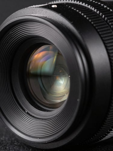 Extreme close-up of a custom black anodized aluminum lens cell, showing precise thread quality and a laser beam reflecting off the internal glass element.