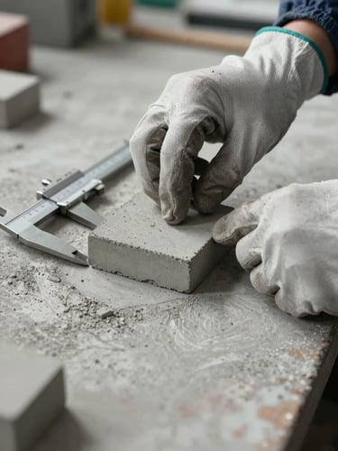 Close-up of an engineer's gloved hands testing a concrete core sample on a site workbench, clinical daylight from the left, rough grey concrete texture filling the frame, measuring calipers resting beside the sample