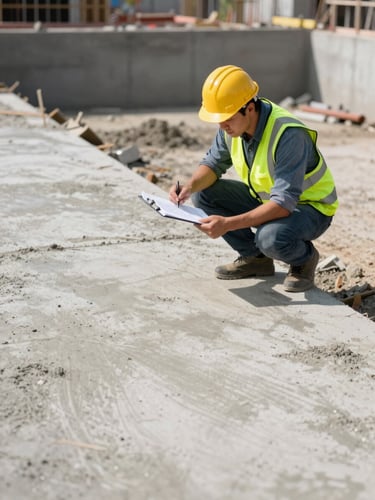 Wide environmental shot of a civil engineer crouching at the edge of a freshly poured concrete foundation on an active construction site, daylight, clipboard in hand reviewing a technical drawing, raw concrete surface visible in foreground, no lifestyle context