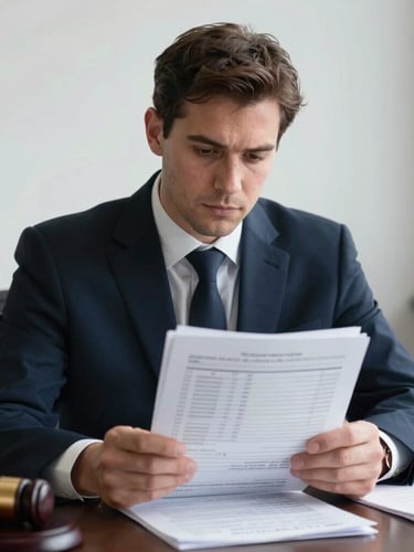 Sober editorial portrait of a lawyer in deep thought, analyzing financial spreadsheets and legal documents, cool diffused daylight, high contrast, 35mm lens