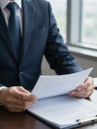 Close-up of a legal professional in a dark navy suit reviewing documents, cool diffused daylight from a tall window, sharp focus, sober editorial style