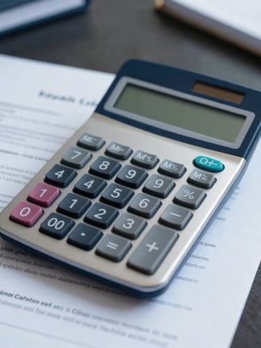 Sober editorial photography of a high-end calculator and legal documents on a dark desk, cool diffused daylight, sharp focus