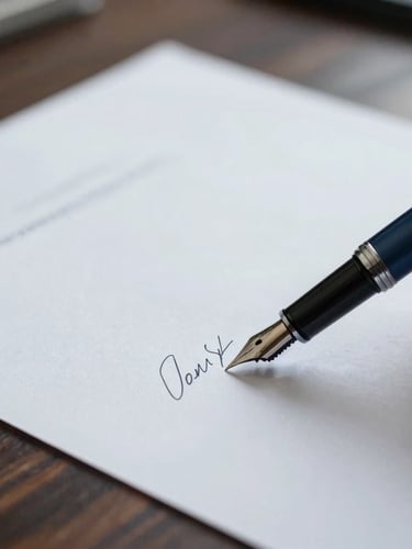 Close-up of a fountain pen signing a heavy cotton paper document on a dark wooden table, cool natural light from the side, sober atmosphere