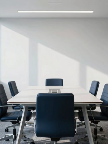 Sober editorial photography of a modern, clean corporate office meeting room with cool diffused daylight, high contrast, subtle shadows, 35mm lens.