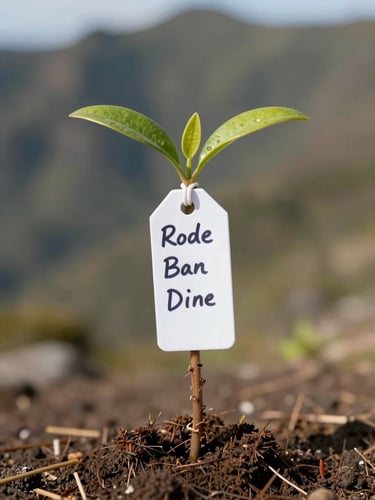 Close-up of a young nitrogen-fixing tree seedling in natural daylight, a hand-written species identification tag tied to the stem, soil visible at the base, shallow depth of field, Madeira hillside terrain blurred in background