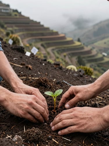 Close-up wide shot, natural daylight on a steep Madeiran slope, two pairs of hands pressing a nitrogen-fixing seedling into dark volcanic soil, a handwritten species tag visible in the foreground, terraced hillside receding into soft morning mist behind