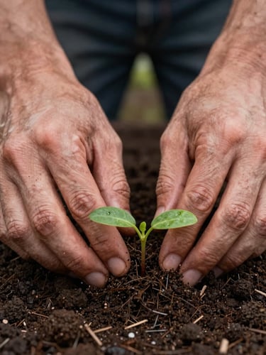 Extreme close-up of weathered hands pressing a small seedling into dark volcanic Madeiran soil, fingers visible mid-action, natural overcast daylight, shallow depth of field with moist earth texture filling the frame edge to edge