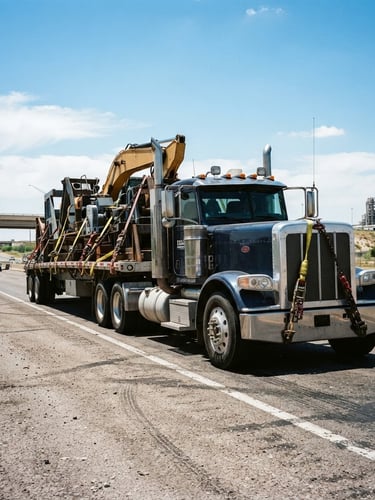Low-angle heroic shot of a heavy-duty flatbed truck loaded with secured industrial cargo, bright Texas daylight, high-contrast, 35mm