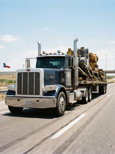 Low-angle heroic shot of a heavy-duty flatbed truck carrying industrial equipment, secured with heavy yellow tensioner straps, driving on a wide Texas highway under bright midday sun, 35mm