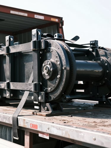 Close-up of industrial cargo tensioners and heavy-duty straps securing equipment on a flatbed truck, high-contrast realistic tones, bright daylight, 35mm