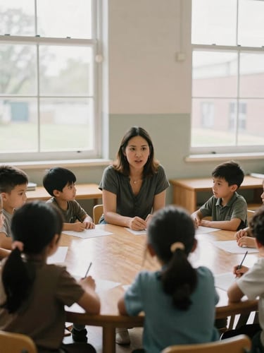 A wide environmental portrait of an educator working with young children in a classroom lit by soft, natural window light, documentary style, 35mm lens, warm muted tones.