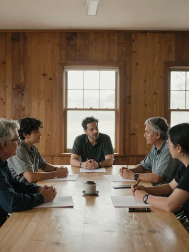 Medium wide shot of community leaders in a sunlit, wood-paneled room discussing plans over a large table, soft natural window light, warm muted earth tones, 35mm lens, documentary film photography.
