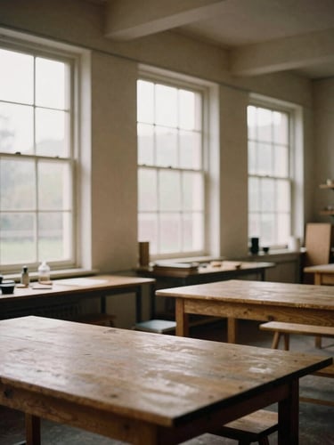 A quiet, naturally lit community workshop space with large windows, wooden tables, and architectural details, warm muted earth tones, 35mm documentary film style.