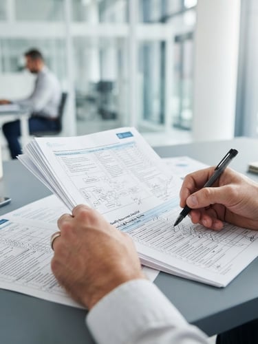 Close-up of hands reviewing technical medical documentation and quality checklists in a bright, daylight-filled modern office, sterile blue and slate tones, sharp focus.