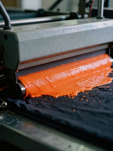 Close-up of industrial screen printing press squeegee pulling safety-orange ink across a dark garment, dramatic side-lighting, high-contrast workshop environment