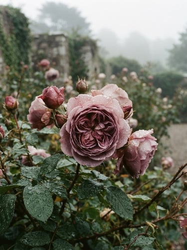 Close-up of damp heirloom roses in a historic garden, morning fog, soft overcast daylight, muted coastal tones, 35mm film grain