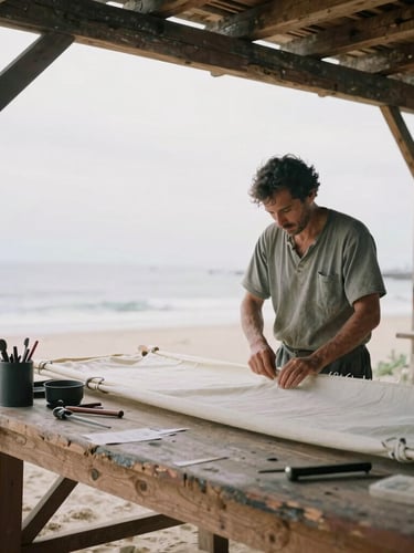 A master sailmaker, hands working on heavy canvas in a sun-dappled, weathered cedar loft, tools on a wooden bench, soft overcast daylight, medium shot, authentic.