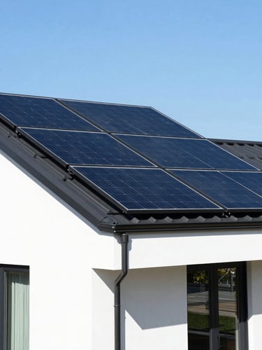 Bright modern residential house with sleek black solar panels integrated into the roof, clean architectural lines, sunny blue sky, crisp daylight