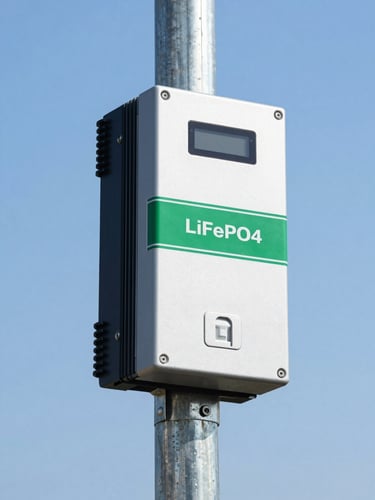 A close-up of a compact off-grid solar power kit with a hybrid inverter and LiFePO4 battery pack, mounted securely on a galvanized steel pole under bright daylight, clean blue sky background.