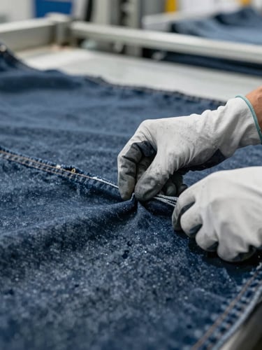 Close-up of hands in gloves inspecting denim fabric for defects, factory floor in background, cool natural factory light, sharp detail, 35mm lens.