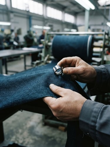 Close-up of hands inspecting denim fabric quality on a factory floor, cool industrial lighting, sharp detail, 35mm lens