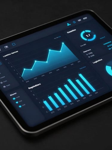 A sleek dark software dashboard showing real-time logistics data, glowing neon blue charts, and minimalistic interface on a tablet screen, sharp studio lighting, high contrast