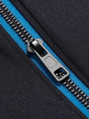 Sleek editorial product photography, macro close-up of technical fabric construction and weather-resistant zippers, sharp high-contrast studio lighting, vibrant cyan and deep black tones, 50mm lens.