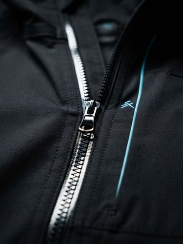 Sleek editorial product photography of a technical fabric jacket with reflective zippers, high-contrast studio lighting, vibrant cyan and deep black tones, macro detail, 50mm lens