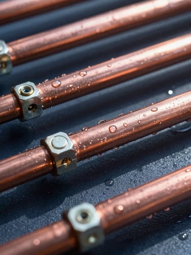 Macro shot of clean copper AC lines sweating with condensation under bright Florida sun, deep navy shadows, sharp focus on technical fittings.