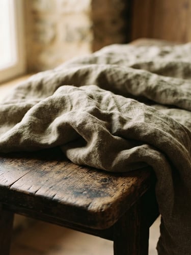 Close-up of heavy-weight Belgian linen with lived-in wrinkles, draped over a worn wooden bench, soft side window light, earthy muted tones, 35mm