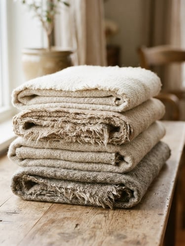 Neat stack of folded organic wool quilts showing raw edges, soft side window light, warm neutral tones, shallow depth of field, 35mm