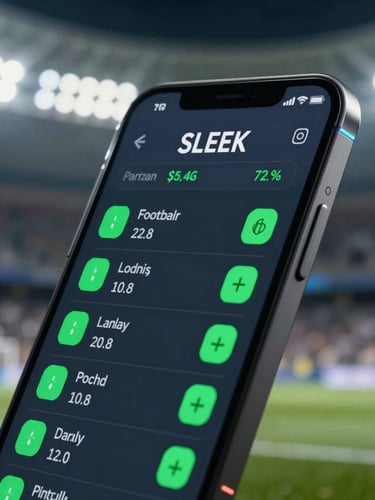 Sleek modern smartphone displaying real-time football parlay odds with electric green indicators, dramatic stadium lighting in the background, sharp cyber blue accents, macro shot