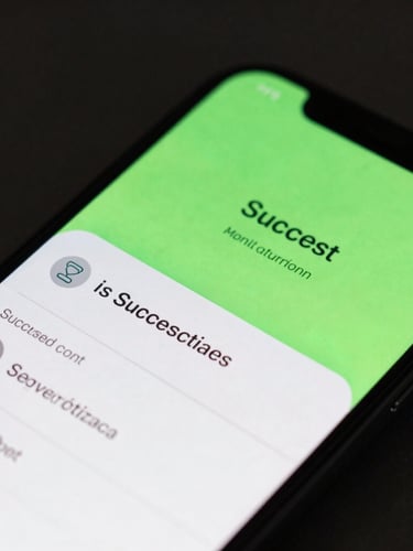 Macro close-up of a modern smartphone screen displaying a successful digital transaction confirmation with neon green accents, dark background