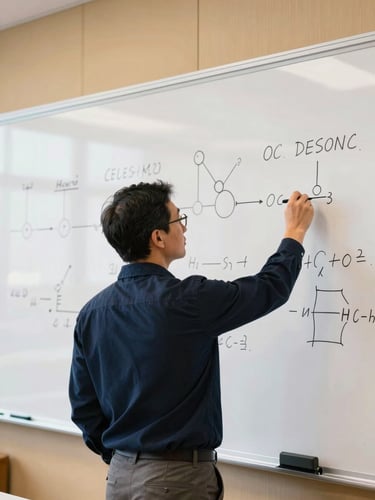 A medium-close shot of a physics professor drawing a complex mechanics diagram on a clean whiteboard, soft natural daylight, academic luxury feel.