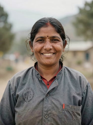 Medium environmental portrait of a local Kumaoni woman health worker smiling warmly, natural soft Himalayan daylight, earthy pine and slate tones, 35mm.