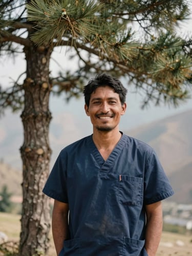 A medium portrait of a local healthcare worker smiling, standing near a deodar tree with soft Himalayan hills in the background, warm natural light.