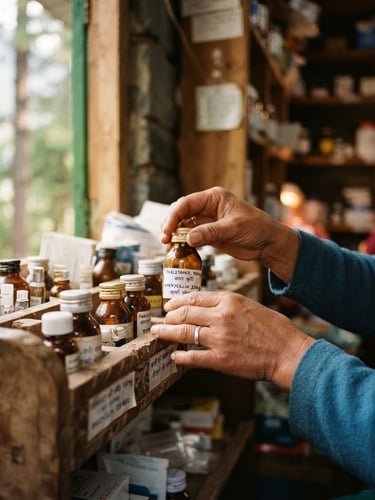 A close-up of hands carefully organizing medicine bottles inside a mobile clinic, soft natural light filtering through pine trees, warm 35mm style.
