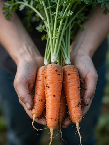 Close-up macro shot of dirt-covered hands holding freshly harvested heirloom carrots, soft natural morning light, moody shadows.