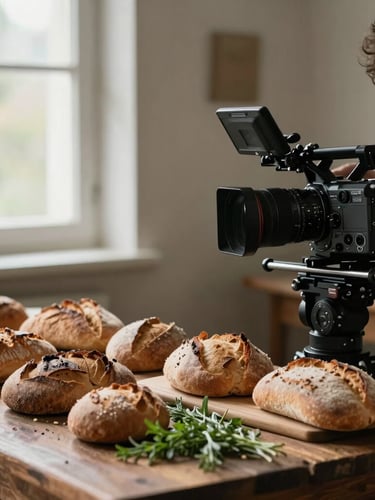 Behind-the-scenes shot of a professional camera rig focused on a beautifully styled rustic table of fresh breads and herbs, soft window light.