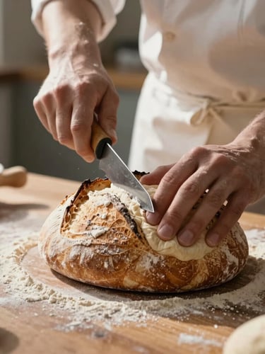 Close-up of baker scoring sourdough dough with a razor under warm morning light, flour dusting the dark wooden table.