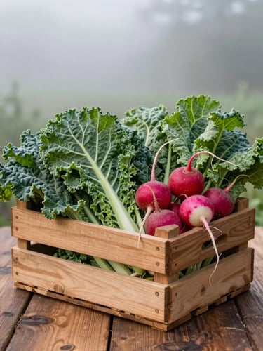 A wooden crate filled with freshly cut heirloom kale and radishes sitting on a rustic wooden table, soft morning mist visible in the background.