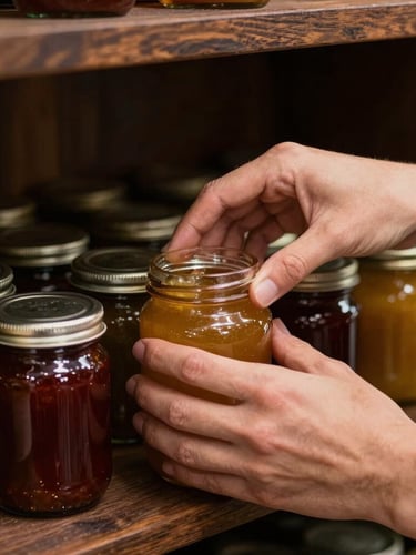 Tactile portrait of hands carefully arranging jars of organic preserves on a dark oak shelf, soft side lighting highlighting glass textures.