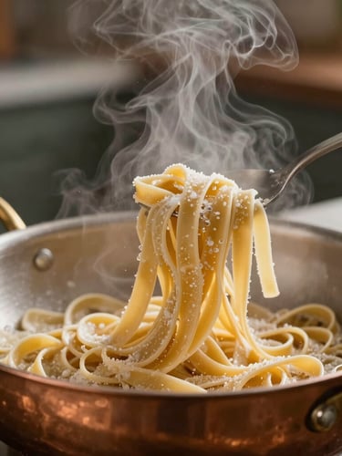 Macro shot of fresh pasta being tossed in a copper pan, steam rising under a soft warm kitchen light, dark background
