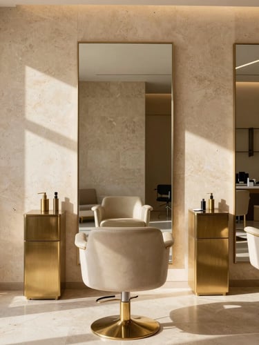 Straight-on architectural photography of an empty luxury salon suite, warm travertine stone walls, brushed brass fixtures, soft afternoon sunlight with organic shadows, 35mm lens