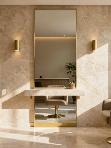 Straight-on architectural shot of a sun-drenched empty salon suite with warm travertine walls, brushed brass fixtures, and soft afternoon sunlight casting delicate shadows.