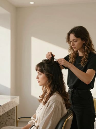 Candid, natural portrait of a beauty professional focused on styling hair in a bright, minimalist suite, warm afternoon sun, soft shadows, 35mm lens