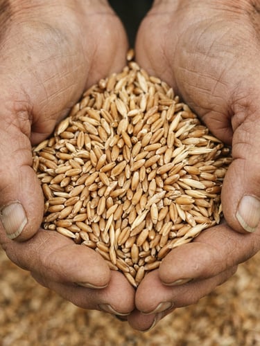 Macro overhead shot of raw golden heirloom grains held in weathered hands, soft overcast daylight, rich earthy tones, 35mm film texture