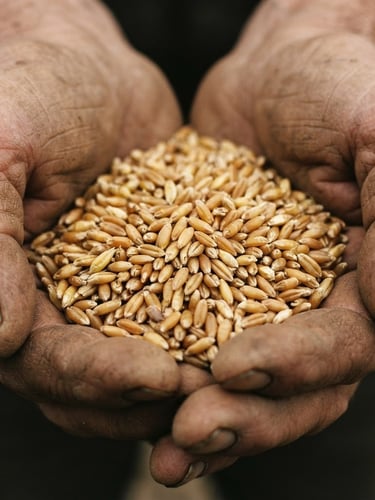 Macro close-up of raw golden heirloom grains held in weathered hands, soft directional overcast daylight, rich earthy tones, 35mm film